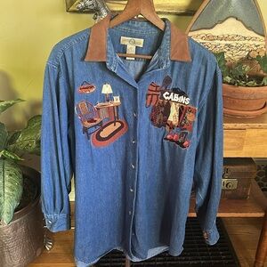 VINTAGE Country Legends Denim Button Up Shirt Cabin Embroidery Leather Collar